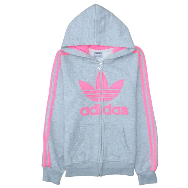 Adidas Grey Full Zip Hoodie Women's Medium Pink Trefoil Logo Triple Stripe Sweatshirt Top sold by Vintage Club