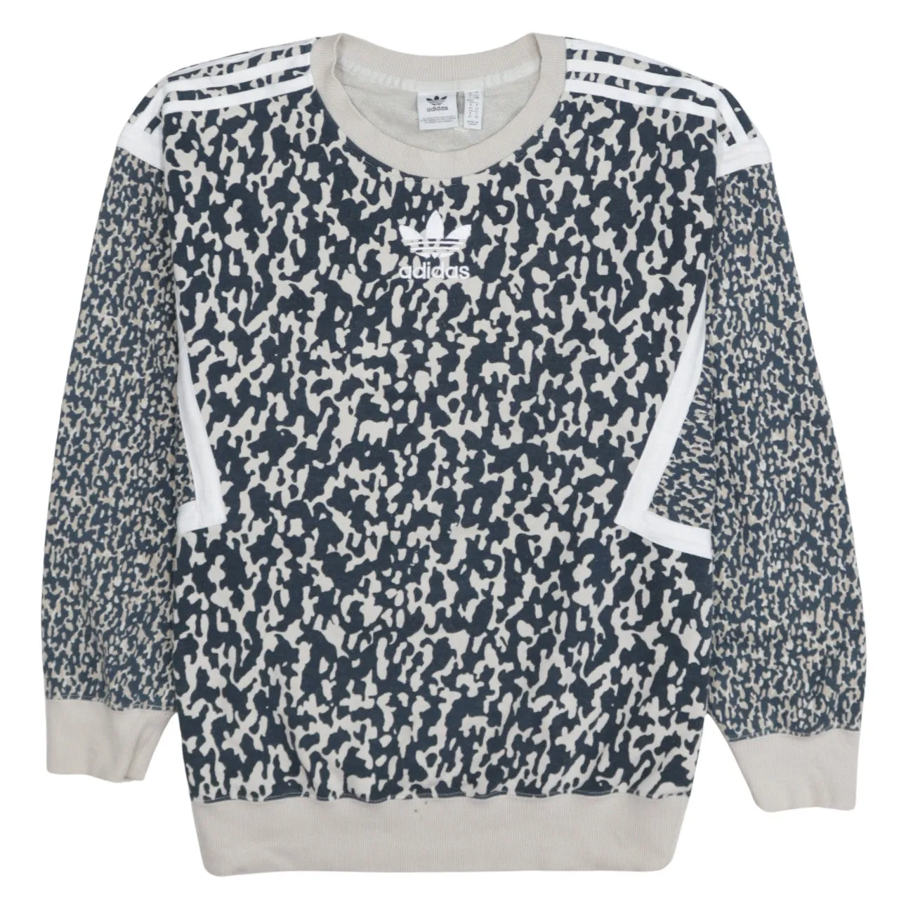 Adidas Navy Cream Sweatshirt Women’s XLarge All Over Camo Print Trefoil Logo Pullover Top sold by Vintage Club