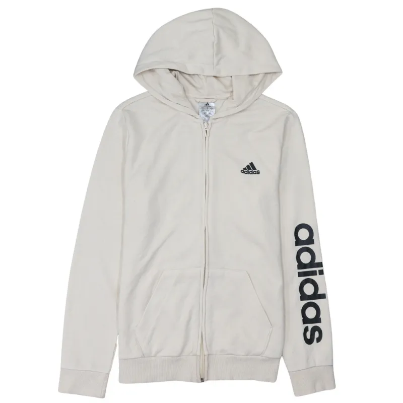 Adidas Cream Full Zip Hoodie Women’s Medium Printed Logo Sleeve Pockets Sweatshirt made by Adidas