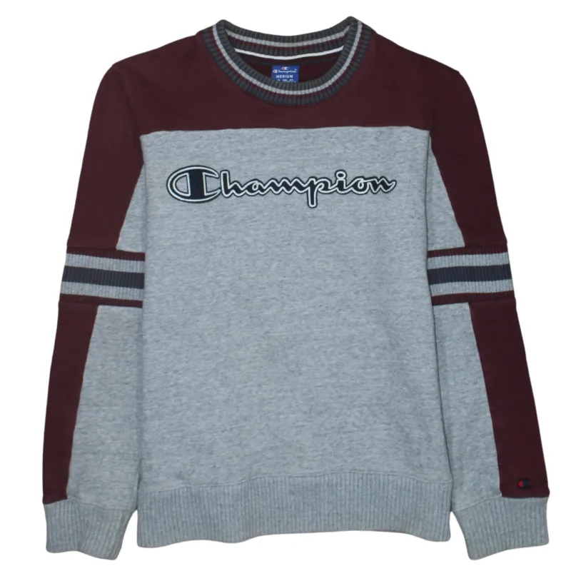 Champion Burgundy Red Grey Sweatshirt Men’s Medium Embroidered Logo Stripe Sleeve Pullover Jumper sold by Vintage Club