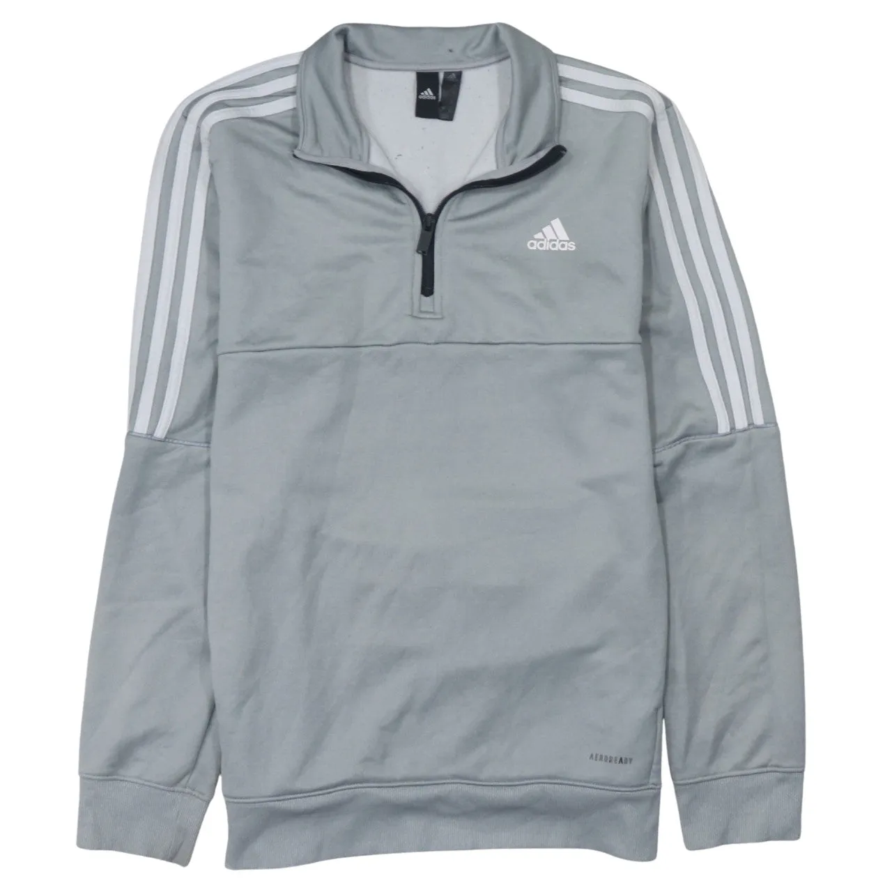 Adidas Light Grey Half Zip Sweatshirt Women’s Large Three Stripe Sleeves Embroidered Logo Pullover sold by Vintage Club