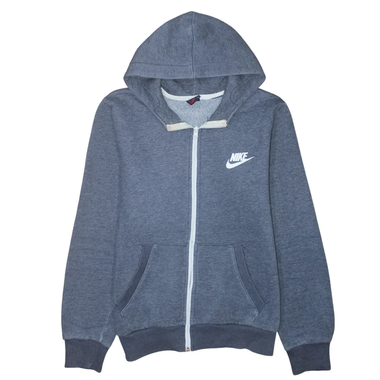 Nike Charcoal Blue Full Zip Hoodie Women’s Large Printed Swoosh Logo Split Pockets Sweatshirt sold by Vintage Club