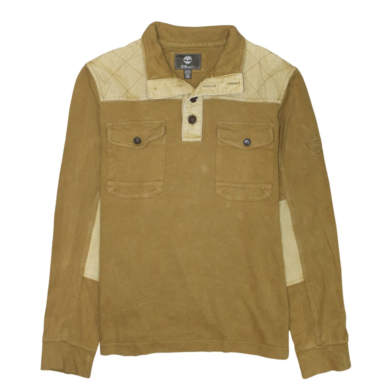 Timberland Tan Brown Long Sleeve Shirt Women’s XLarge Contrast Panels Button Neck Workwear Top sold by Vintage Club