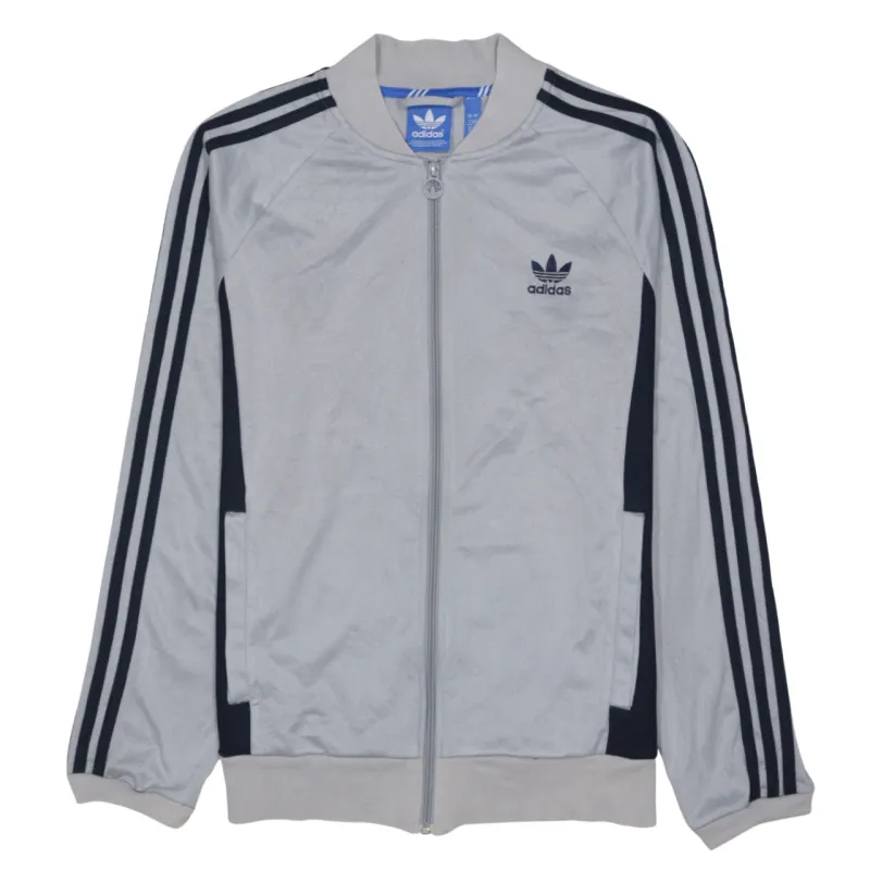 Adidas Light Grey Track Jacket Women’s Large Navy Three Stripe Sleeves Embroidered Logo Top sold by Vintage Club