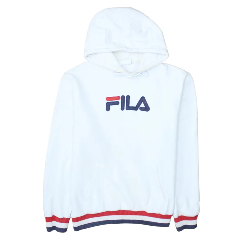 Fila White Hoodie Women’s Large Embroidered Logo Striped Rib Cuffs Hem Pullover Sweatshirt sold by Vintage Club