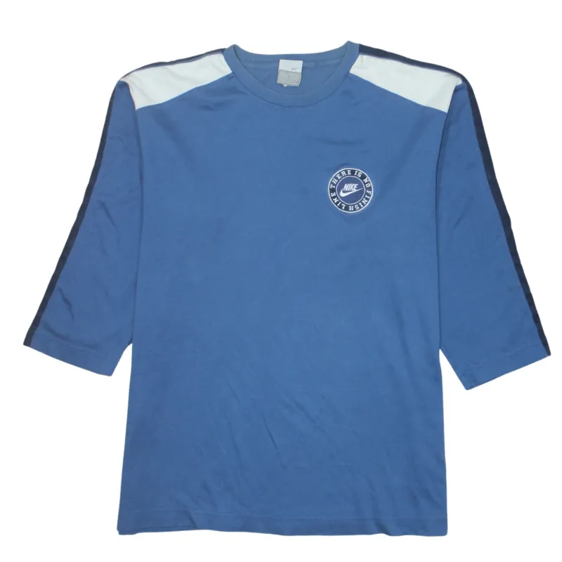 Nike Blue T Shirt Women’s Large Printed Chest Logo Contrast Sleeve Stripes Top sold by Vintage Club