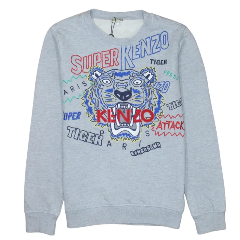 Kenzo Light Grey Sweatshirt Women’s Small Embroidered Super Tiger Logo Crewneck Pullover Jumper sold by Vintage Club