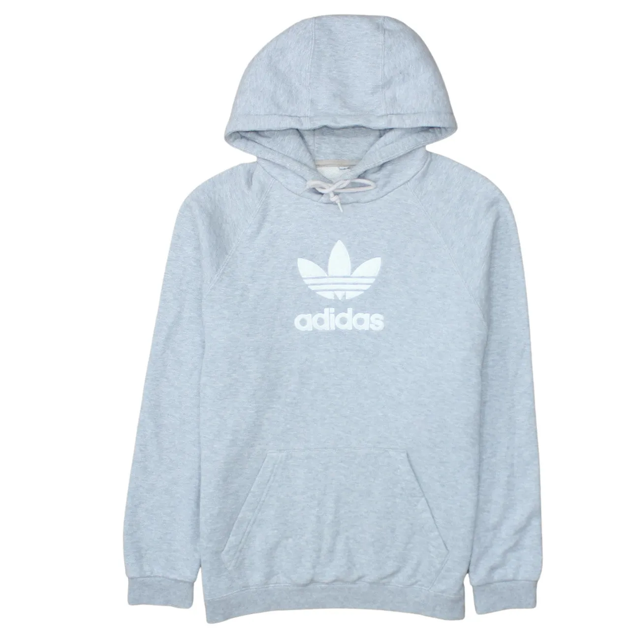 Adidas Light Grey Hoodie Men's Small Trefoil Printed Logo Front Pocket Pullover Sweatshirt sold by Vintage Club