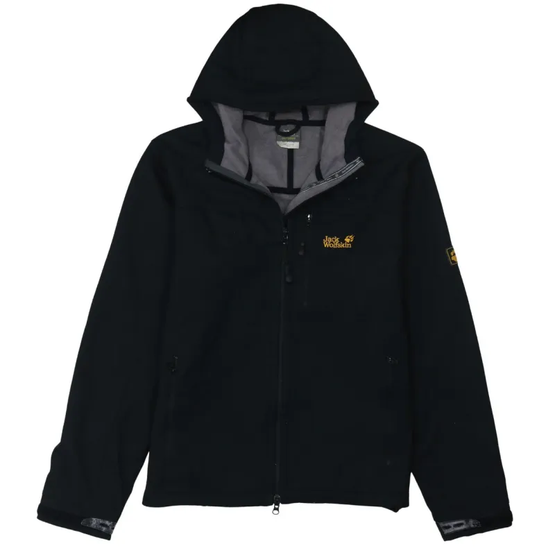 Jack Wolfskin Black Hooded Softshell Jacket Women’s Large Embroidered Logo Zip Pockets Outdoor Coat sold by Vintage Club
