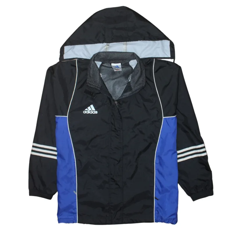 Adidas Black Blue Windbreaker Jacket Men's Large Hooded Three Stripe Sleeves Pullover made by Adidas