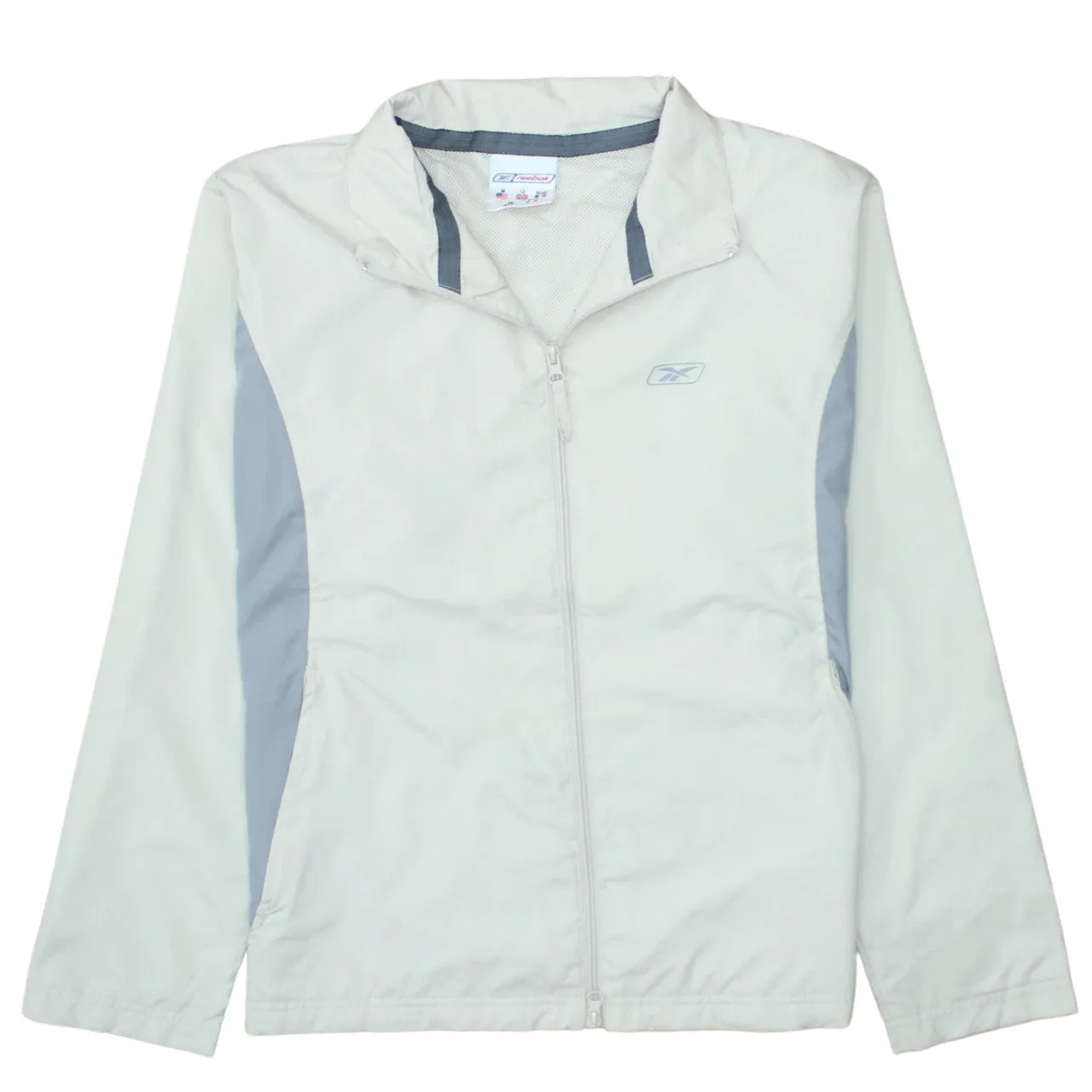Reebok Light Grey Windbreaker Jacket Men's Medium Zip Pockets Embroidered Logo Track Top sold by Vintage Club