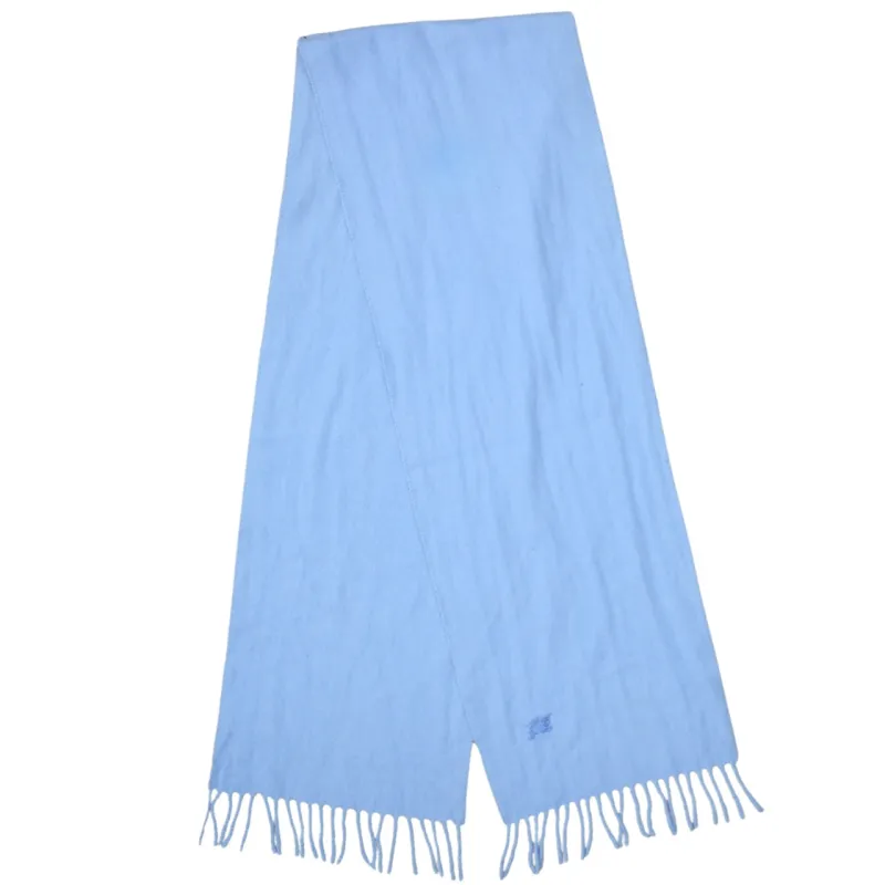 Burberry Light Blue Scarf Men's One Size Embroidered Equestrian Logo Tassel Edge Shawl sold by Vintage Club