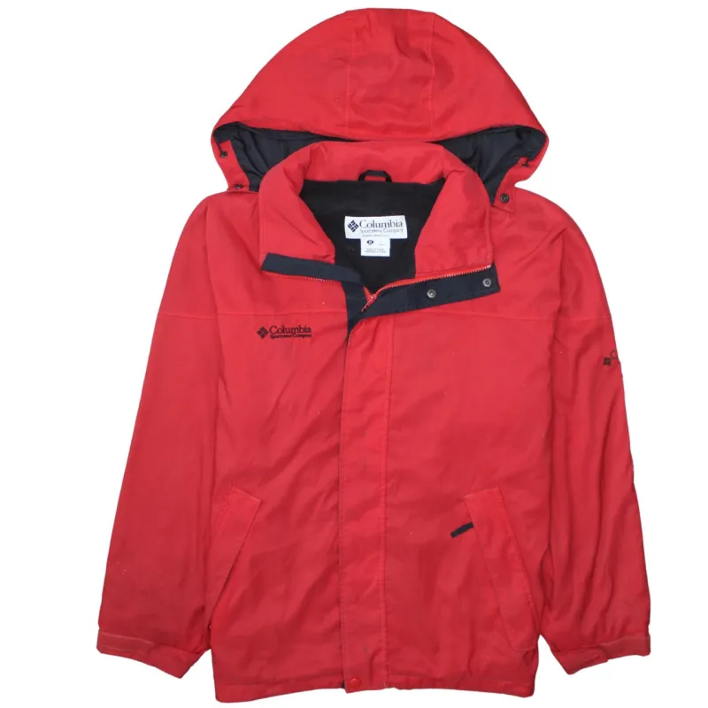 Columbia Red Hooded Jacket Men's Medium Embroidered Logo Zip Front Windbreaker Coat sold by Vintage Club