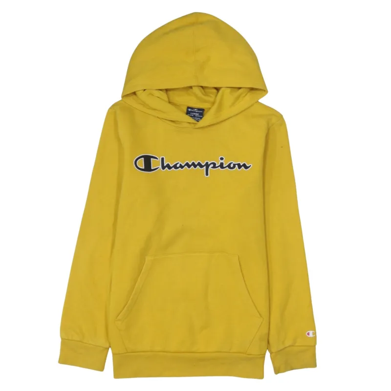 Champion Mustard Yellow Hoodie Women's Large Printed Logo Front Pocket Fleece Pullover Sweatshirt sold by Vintage Club