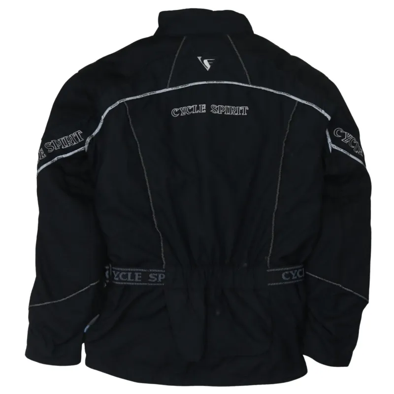 Cycle Spirit Black Motorcycle Jacket Men's Small Arm Logos Reflective Trim Belted Outerwear sold by Vintage Club