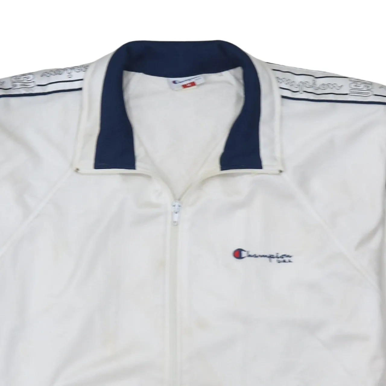 Champion White Track Jacket Men's Medium Embroidered Logo Tape Sleeves Zip Pocket Top sold by Vintage Club product image thumbnail 3