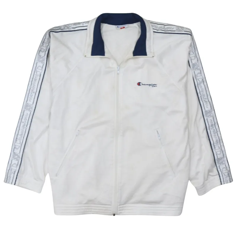 Champion White Track Jacket Men's Medium Embroidered Logo Tape Sleeves Zip Pocket Top sold by Vintage Club