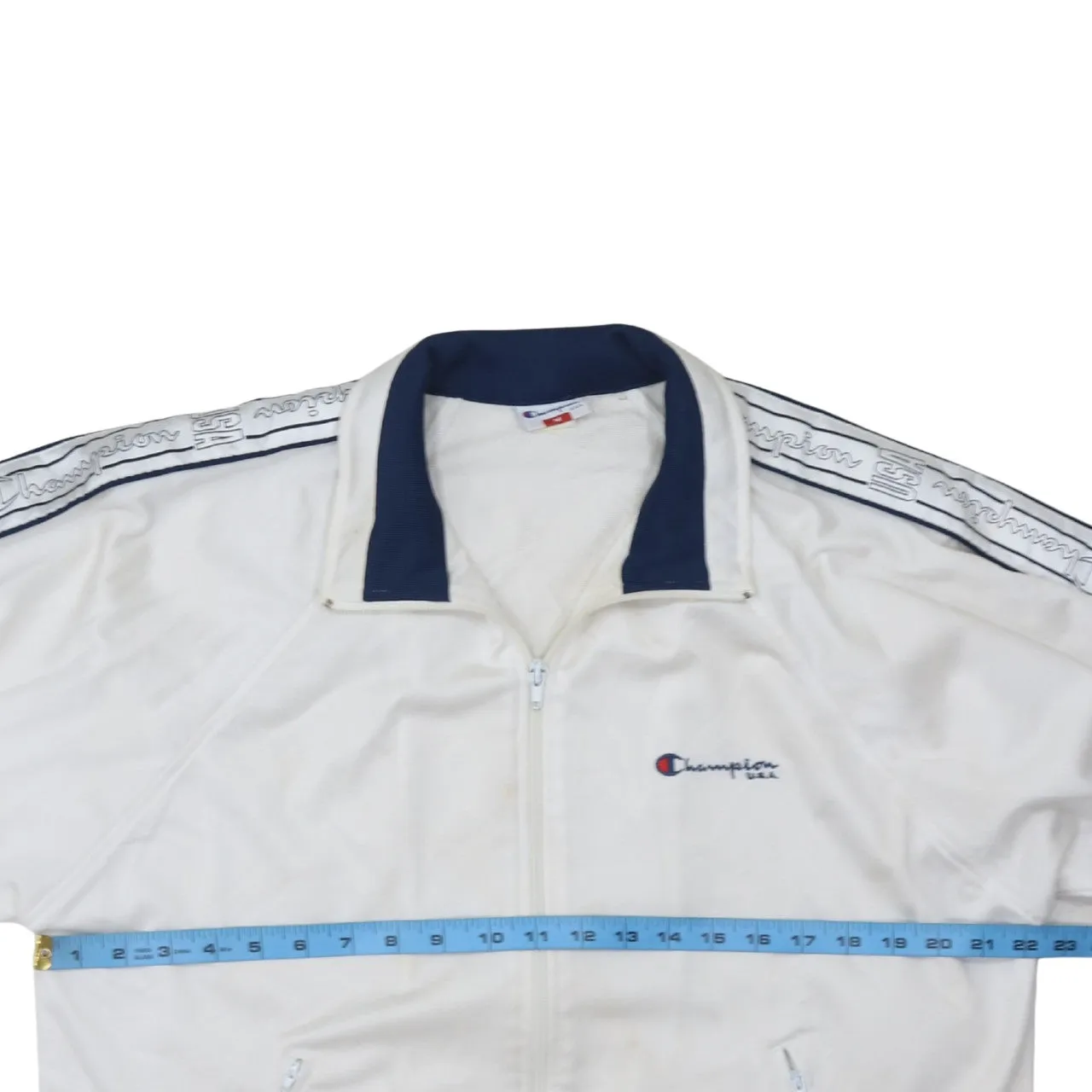 Champion White Track Jacket Men's Medium Embroidered Logo Tape Sleeves Zip Pocket Top sold by Vintage Club product image thumbnail 5