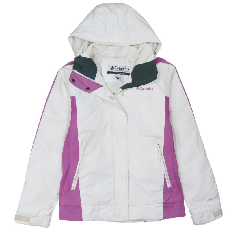 Columbia White Purple Hooded Jacket Women’s Medium Zip Pockets Embroidered Logo Ski Coat sold by Vintage Club