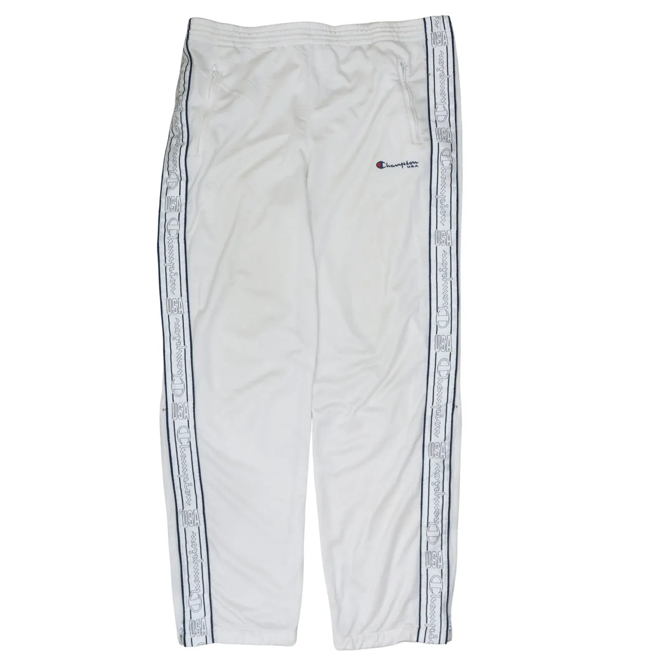 Champion White Track Trousers Men's Medium Embroidered Logo Branded Side Tape Pants sold by Vintage Club