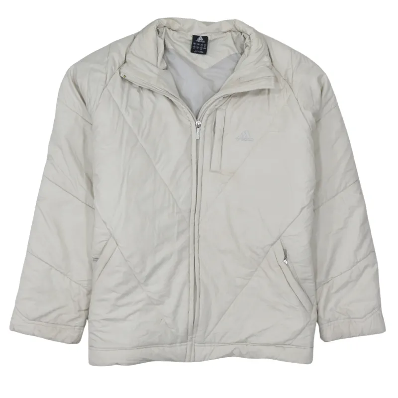 Adidas Cream Puffer Jacket Women’s Medium Embroidered Logo Zip Pockets Quilted Outerwear made by Adidas