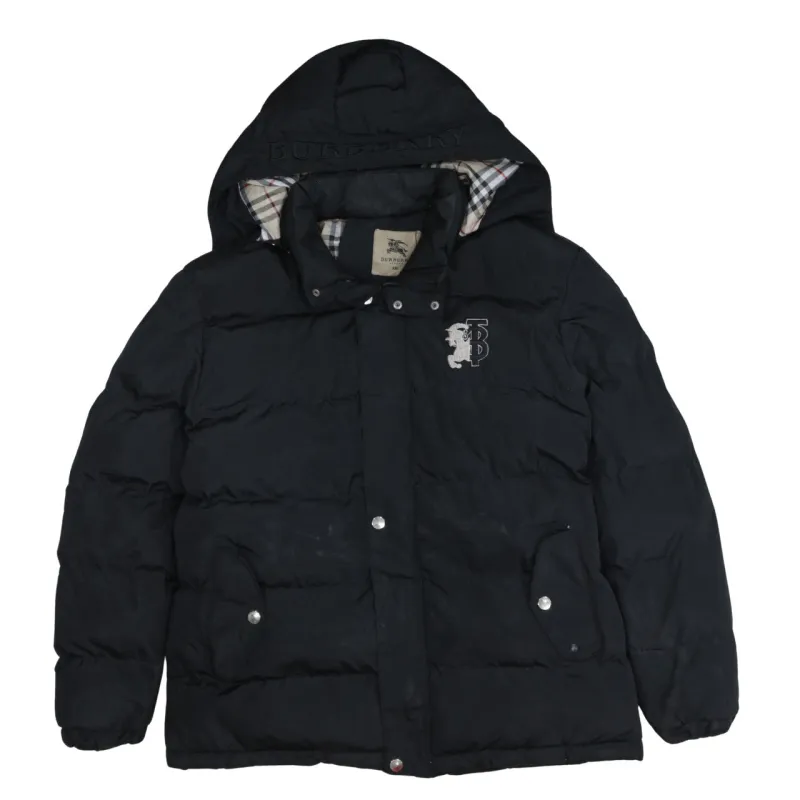 Burberry Black Down Puffer Jacket Women’s XXLarge Hooded Embroidered Logo Check Lining Coat made by Burberry