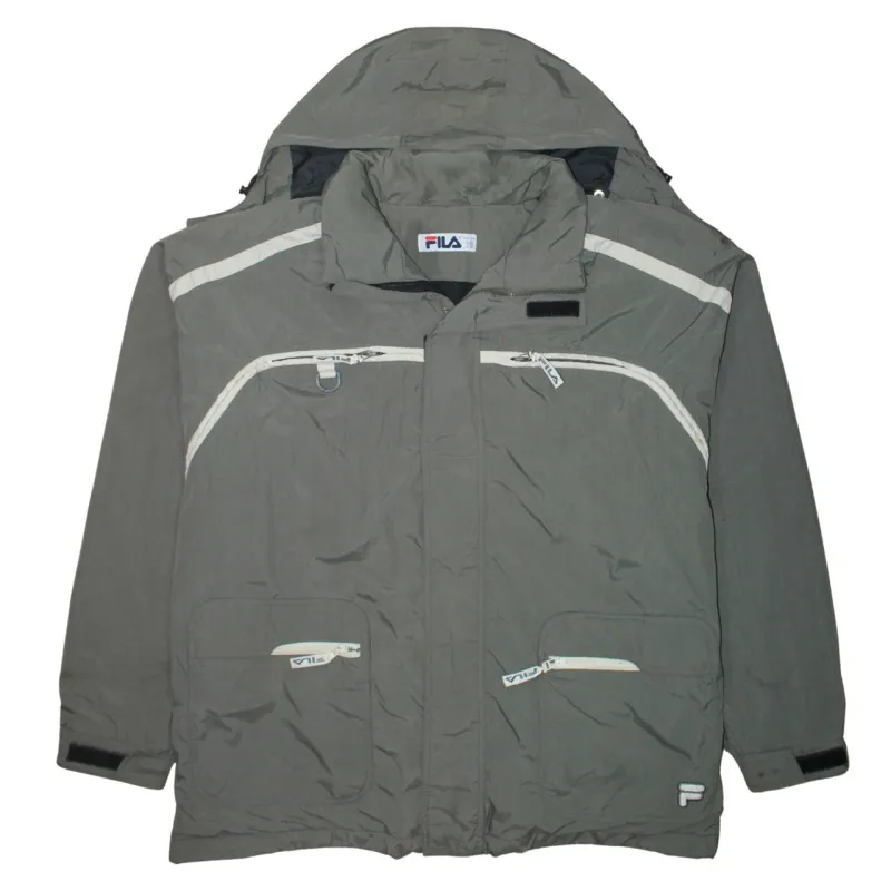 Fila Khaki Green Hooded Jacket Men's XXLarge Zip Pockets Reflective Trim Windbreaker sold by Vintage Club