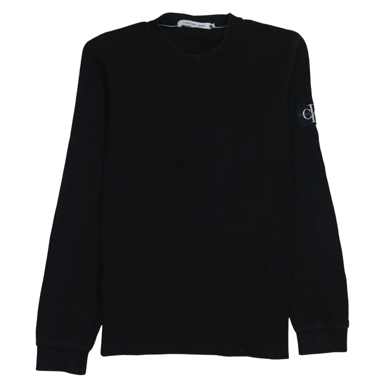 Calvin Klein Black Long Sleeve Top Women’s XLarge Sleeve Logo Ribbed Crewneck Jumper sold by Vintage Club