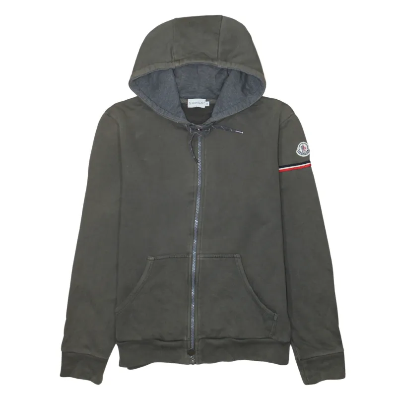 Moncler Dark Khaki Zip Hoodie Women's Medium Embroidered Sleeve Logo Tricolour Trim Sweatshirt sold by Vintage Club