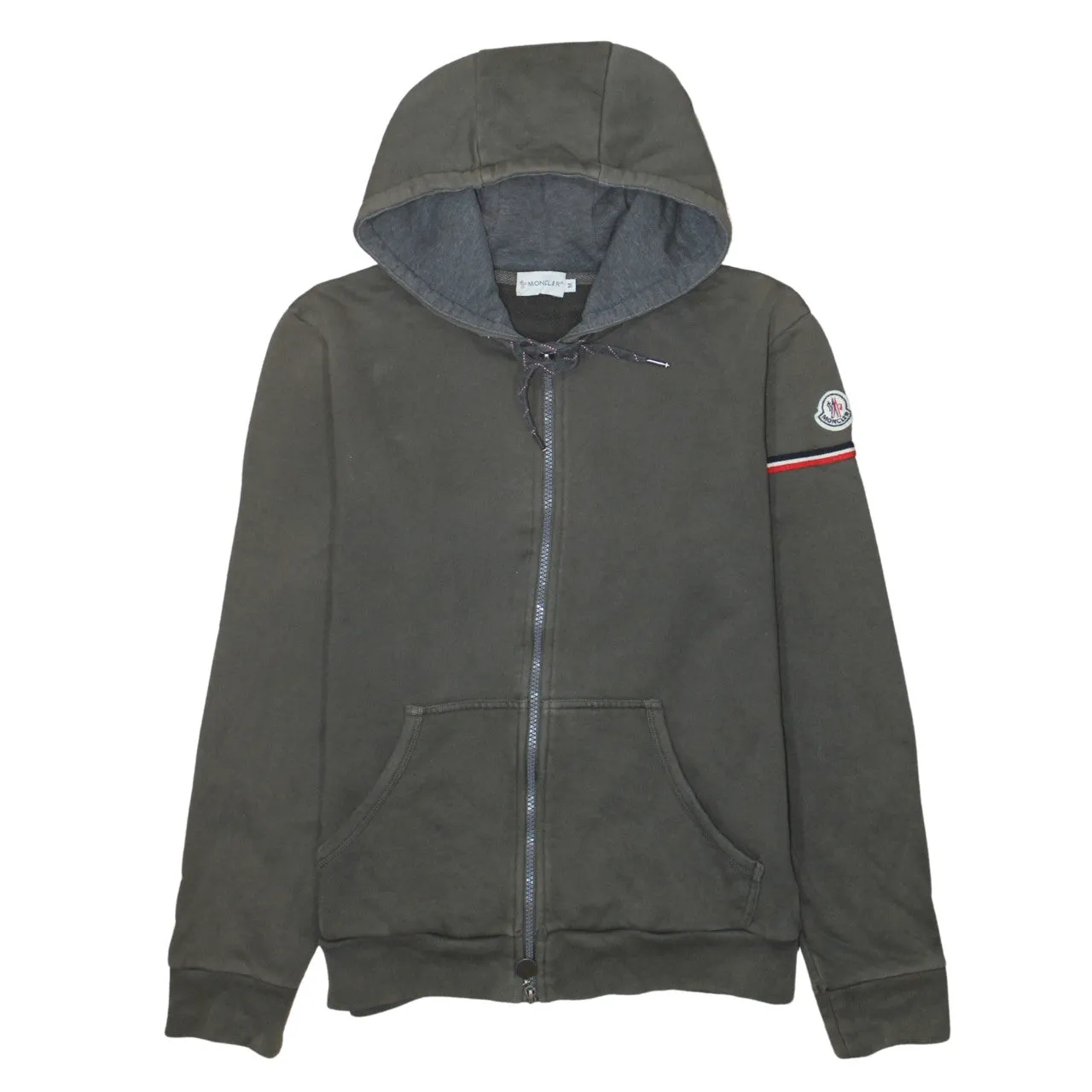 Moncler Dark Khaki Zip Hoodie Women's Medium Embroidered Sleeve Logo Tricolour Trim Sweatshirt sold by Vintage Club