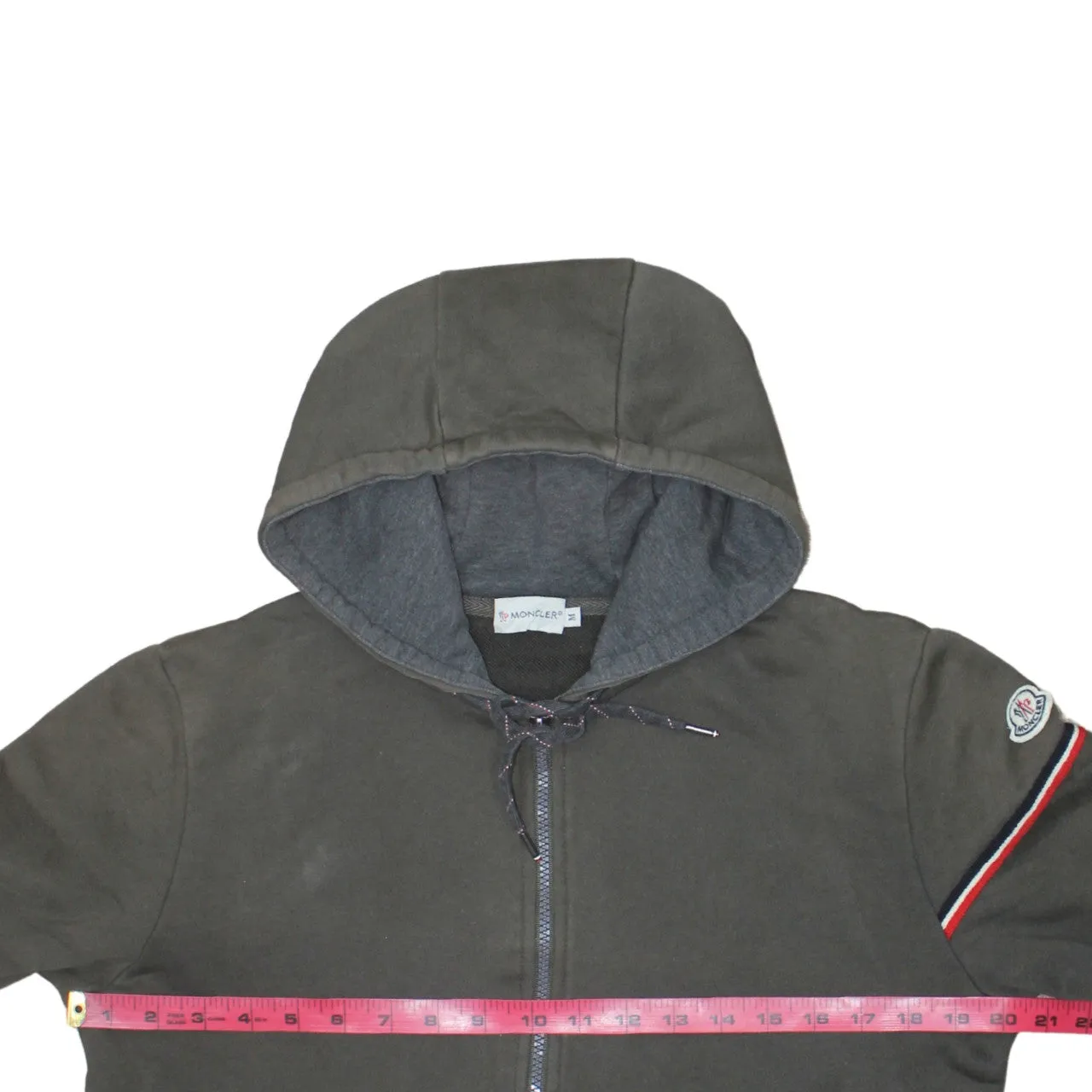 Moncler Dark Khaki Zip Hoodie Women's Medium Embroidered Sleeve Logo Tricolour Trim Sweatshirt sold by Vintage Club product image thumbnail 5