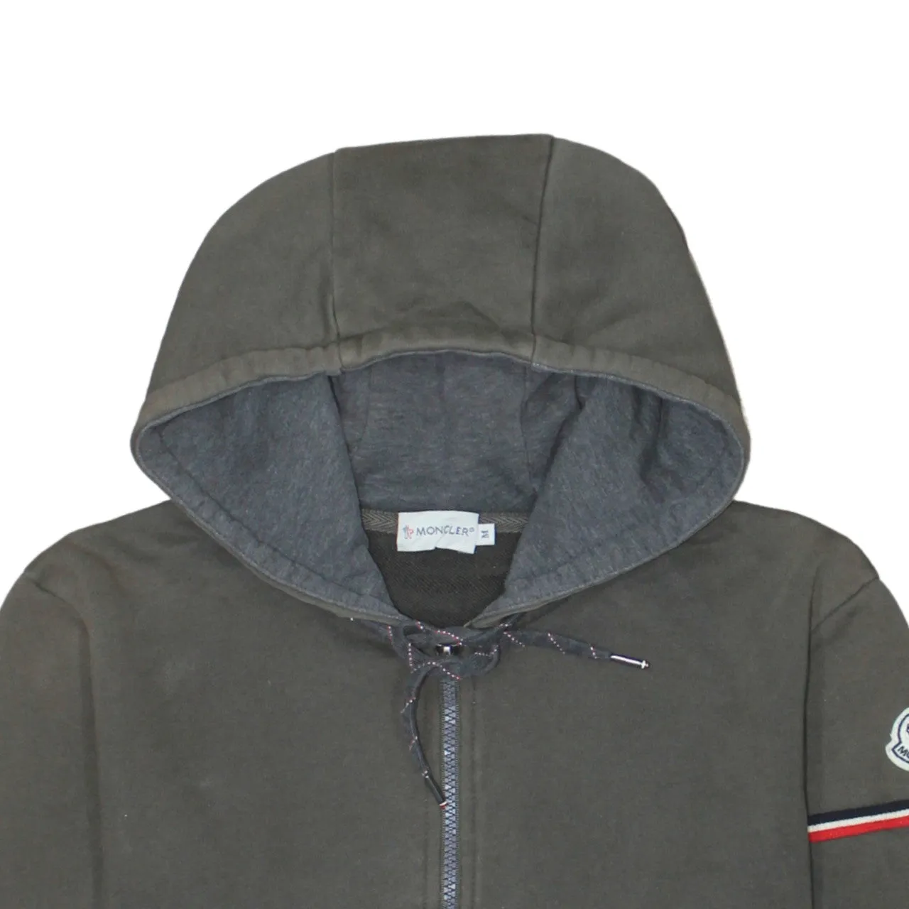 Moncler Dark Khaki Zip Hoodie Women's Medium Embroidered Sleeve Logo Tricolour Trim Sweatshirt sold by Vintage Club product image thumbnail 3