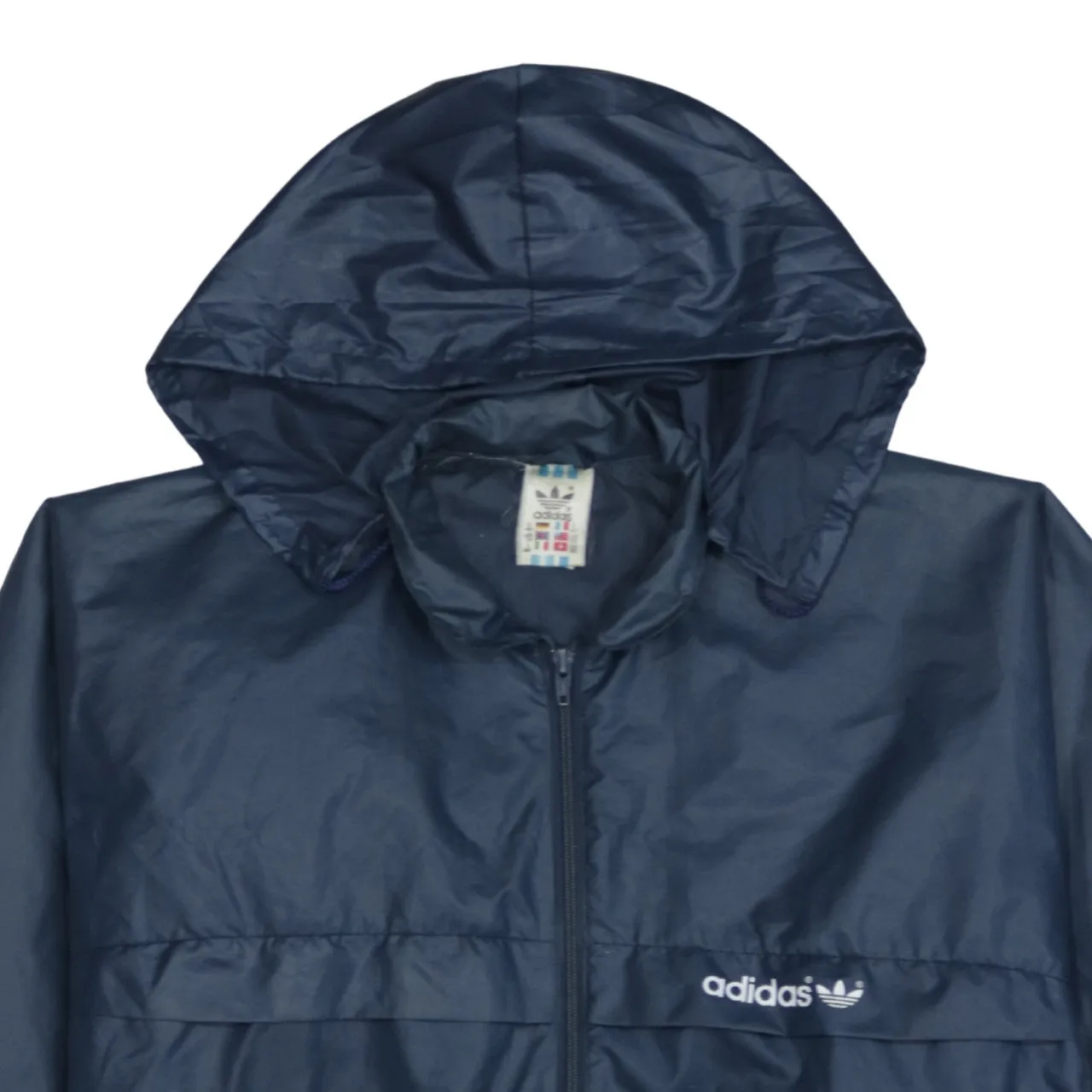 Adidas Navy Blue Hooded Windbreaker Women’s Large Printed Logo Zip Pockets Jacket sold by Vintage Club product image thumbnail 3