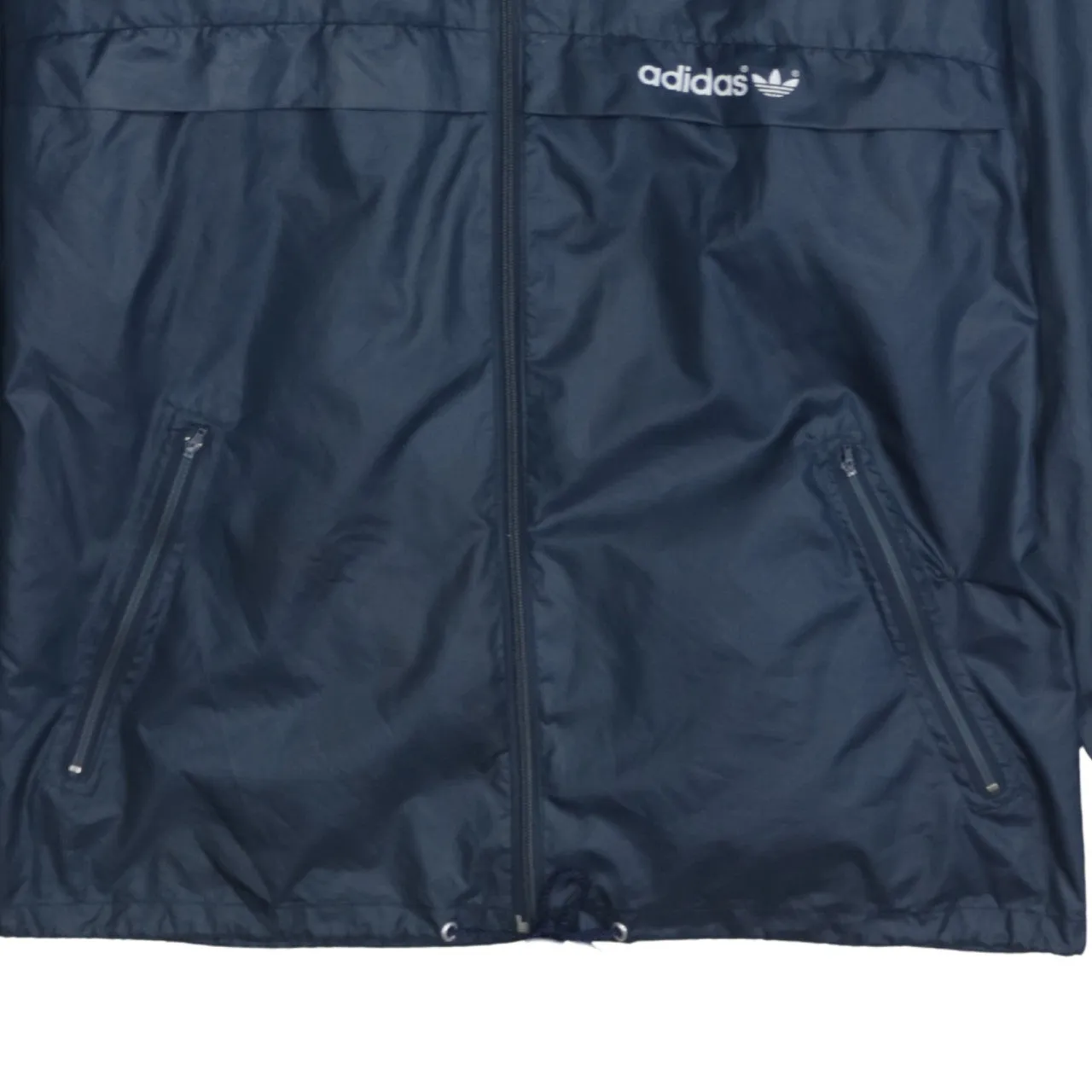 Adidas Navy Blue Hooded Windbreaker Women’s Large Printed Logo Zip Pockets Jacket sold by Vintage Club product image thumbnail 4