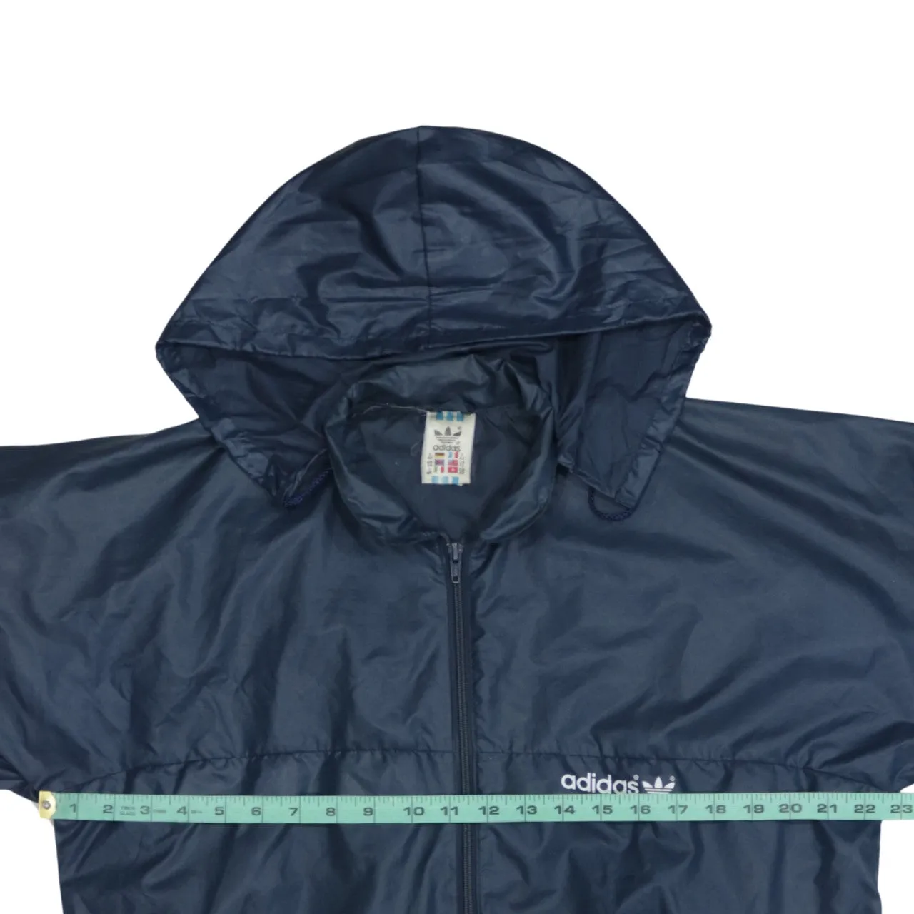 Adidas Navy Blue Hooded Windbreaker Women’s Large Printed Logo Zip Pockets Jacket sold by Vintage Club product image thumbnail 5