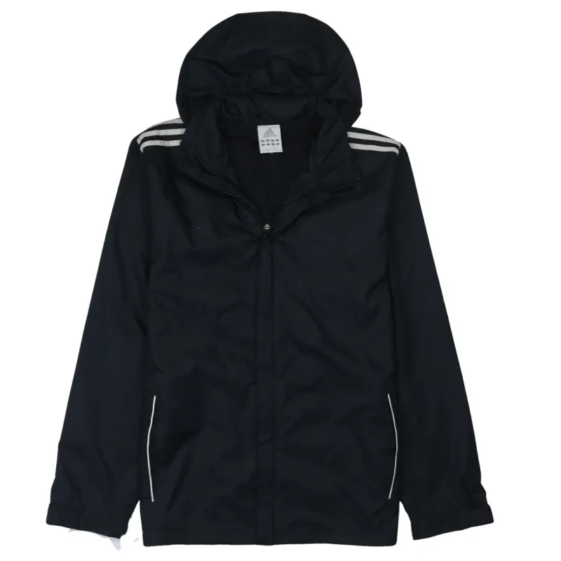 Adidas Black Windbreaker Jacket Men's Small Hooded Three Stripe Reflective Trim Outerwear sold by Vintage Club