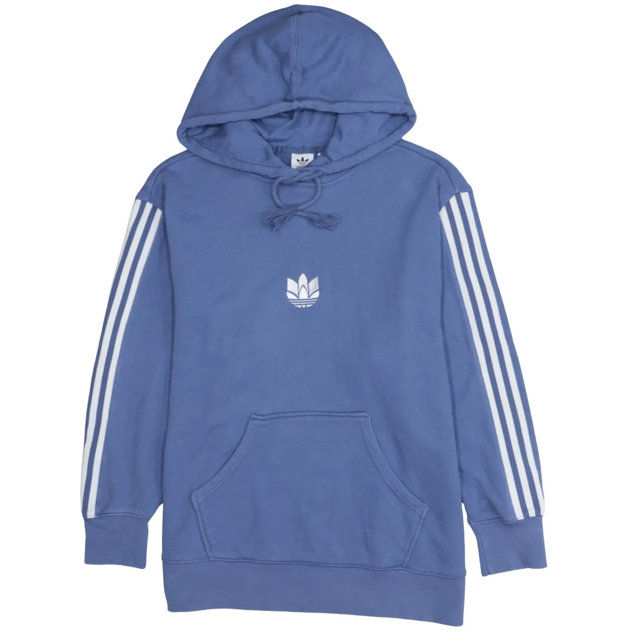 Adidas Blue Hoodie Women’s XLarge Three Stripe Sleeves Printed Trefoil Logo Pullover Sweatshirt sold by Vintage Club