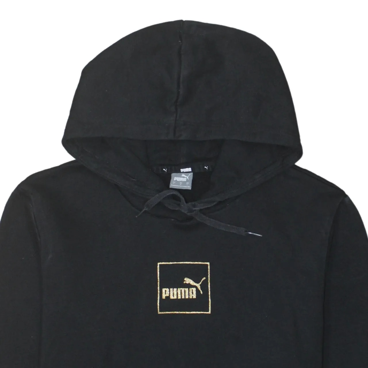 Puma Black Hoodie Women's Large Embroidered Gold Box Logo Front Pocket Pullover Sweatshirt sold by Vintage Club product image thumbnail 3