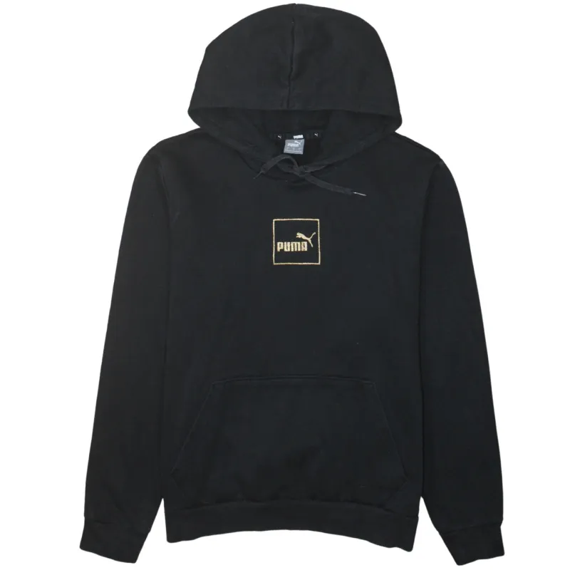 Puma Black Hoodie Women's Large Embroidered Gold Box Logo Front Pocket Pullover Sweatshirt sold by Vintage Club