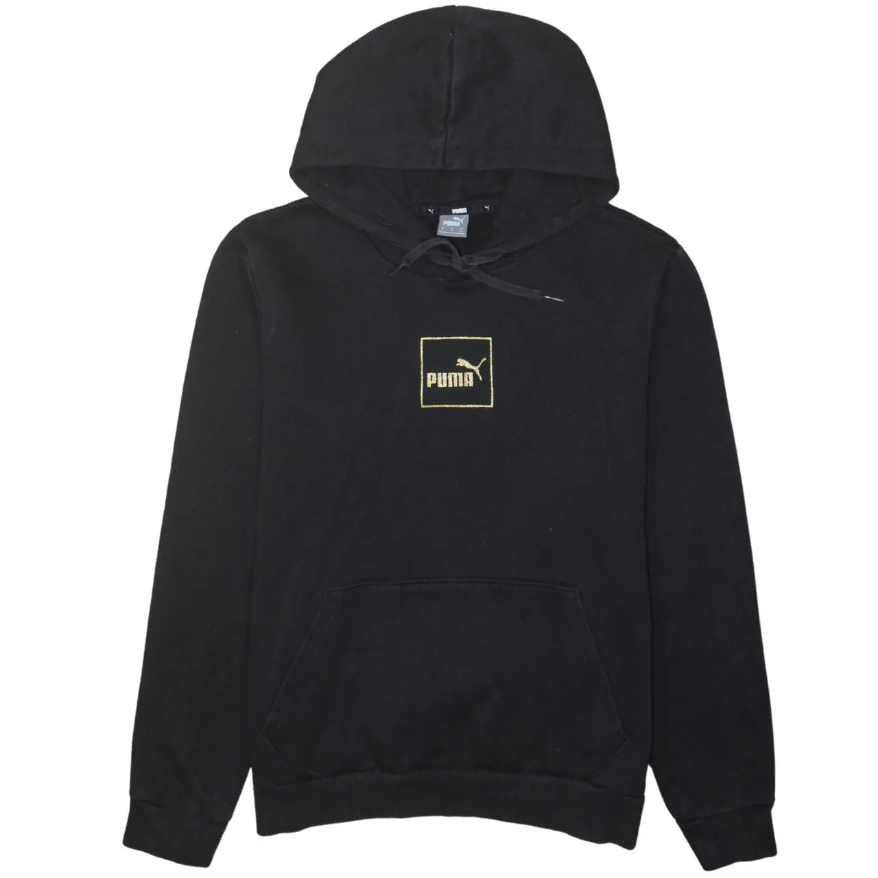 Puma Black Hoodie Women's Large Embroidered Gold Box Logo Front Pocket Pullover Sweatshirt sold by Vintage Club