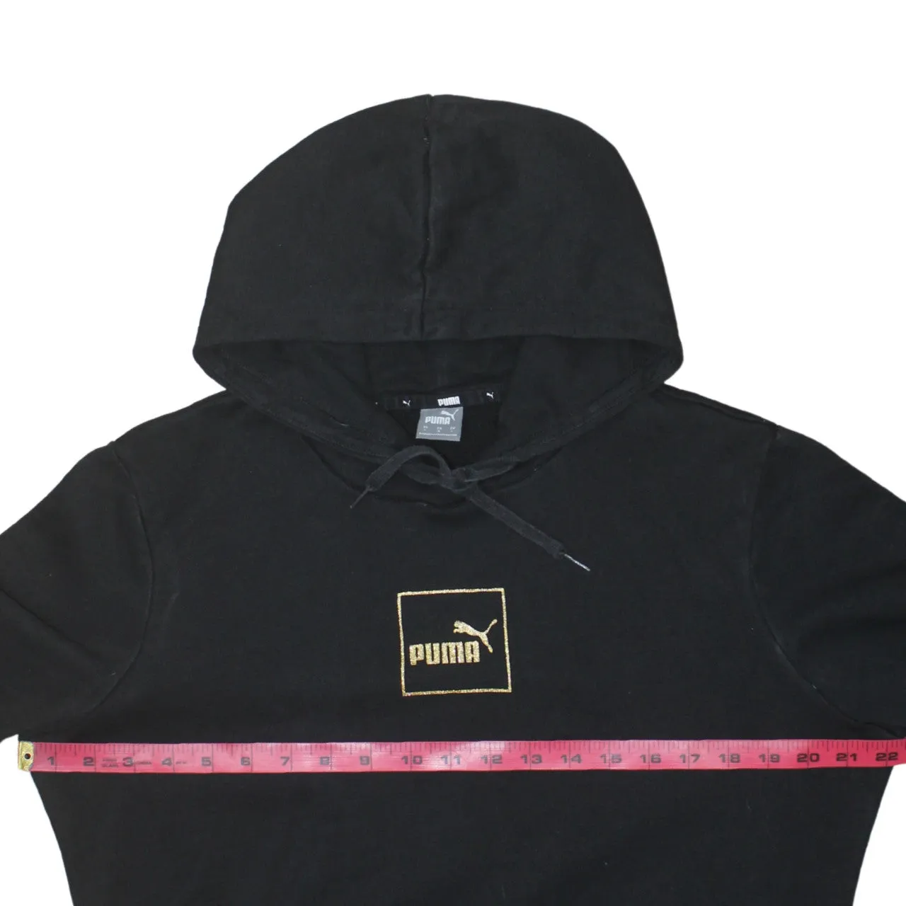 Puma Black Hoodie Women's Large Embroidered Gold Box Logo Front Pocket Pullover Sweatshirt sold by Vintage Club product image thumbnail 5