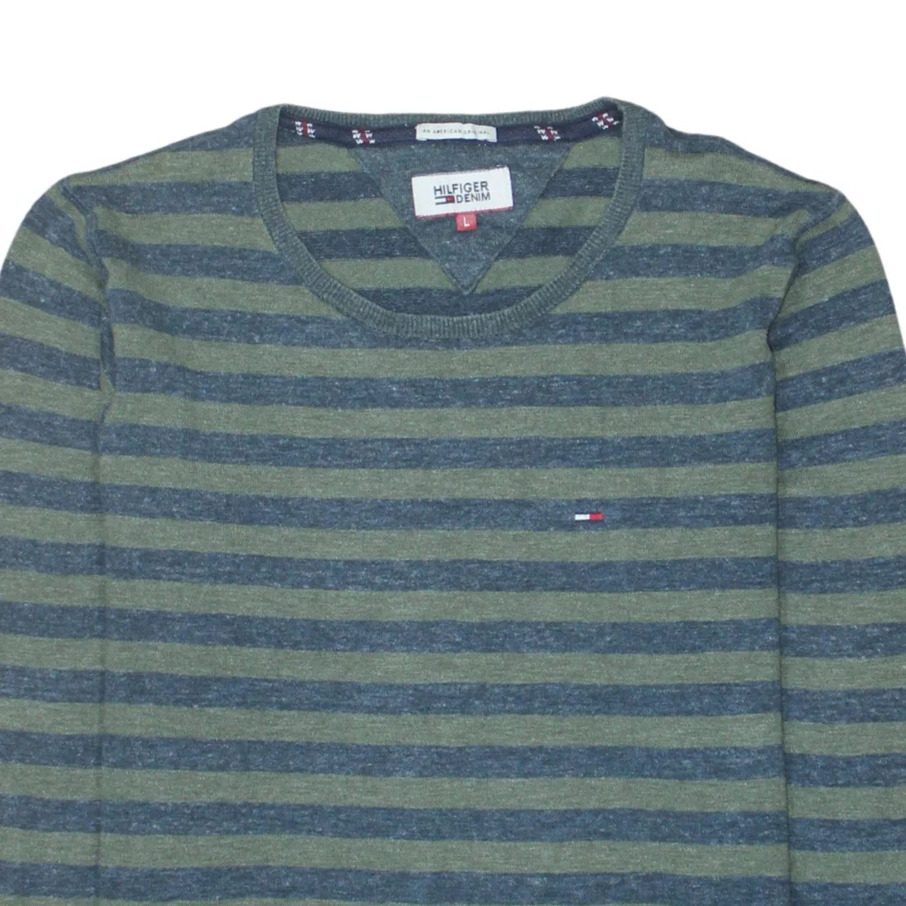 Tommy Hilfiger Green Stripe Jumper Women’s Large Small Flag Logo Lightweight Sweater sold by Vintage Club product image thumbnail 3