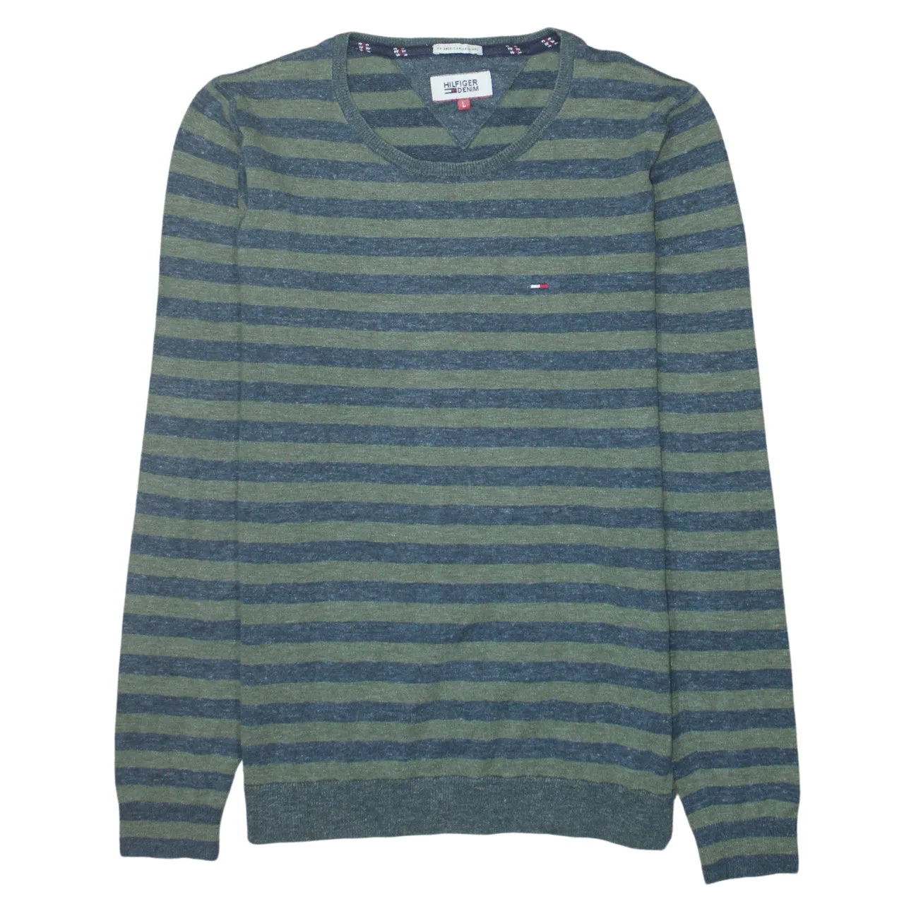 Tommy Hilfiger Green Stripe Jumper Women’s Large Small Flag Logo Lightweight Sweater sold by Vintage Club