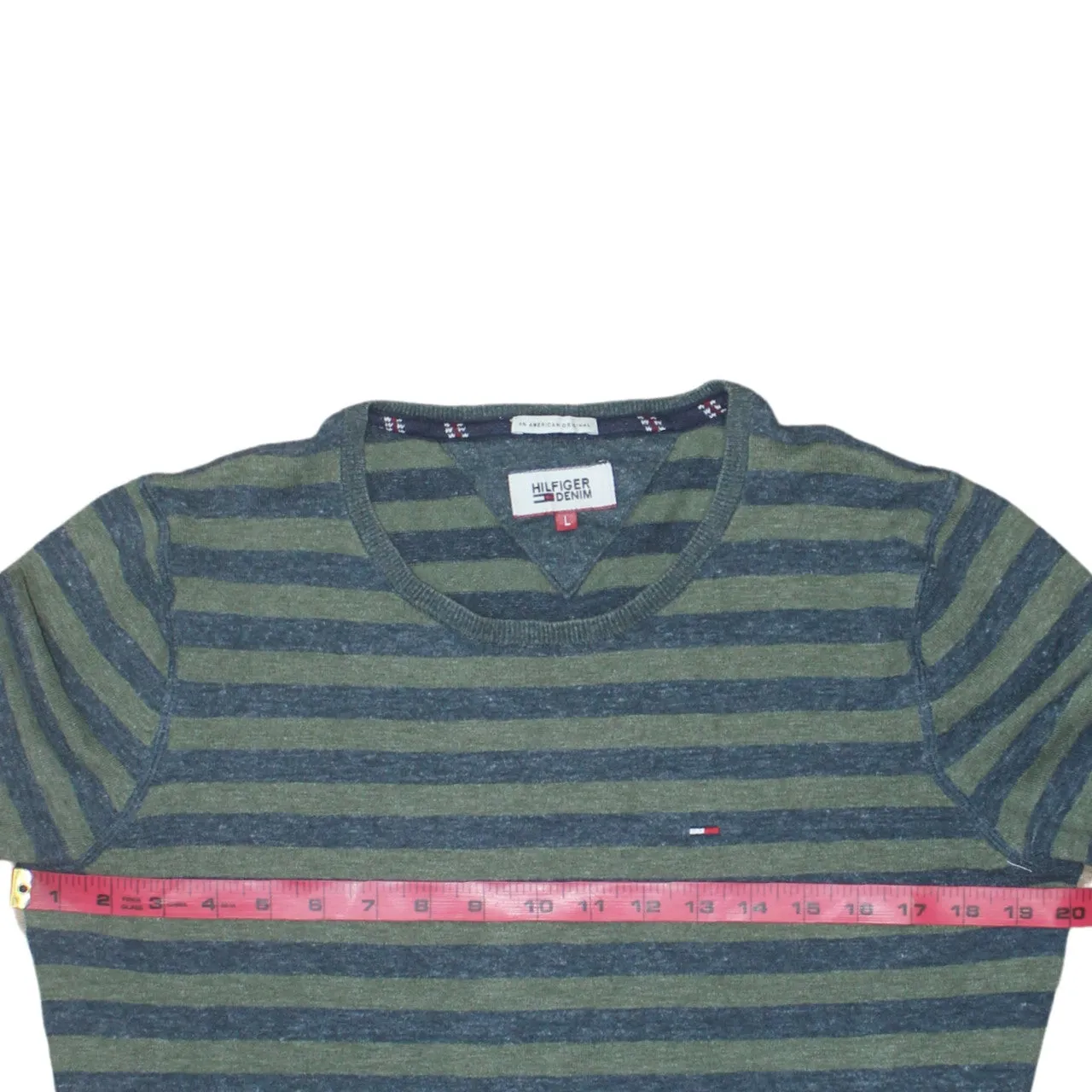 Tommy Hilfiger Green Stripe Jumper Women’s Large Small Flag Logo Lightweight Sweater sold by Vintage Club product image thumbnail 5