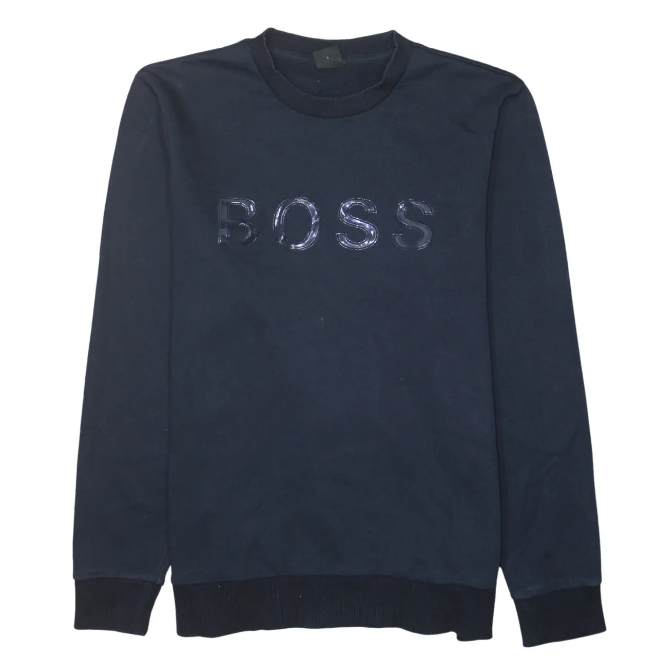 HUGO BOSS Navy Sweatshirt Women's Large Gloss BOSS Logo Crewneck Pullover Top sold by Vintage Club