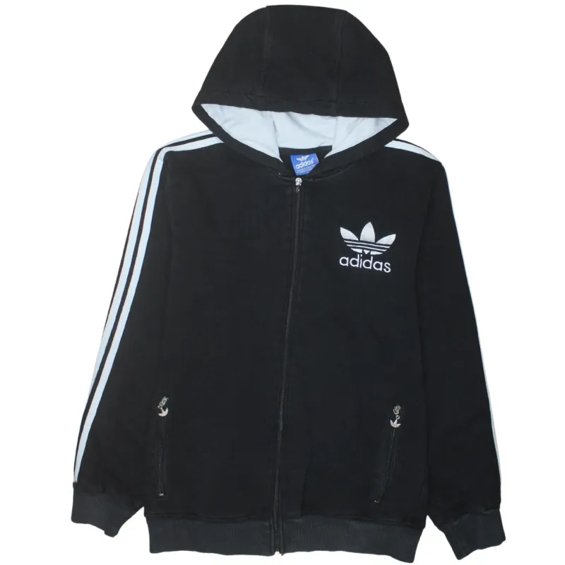 Adidas Black Zip Hoodie Women’s Large Trefoil Logo Three Stripe Sleeves Sweatshirt sold by Vintage Club