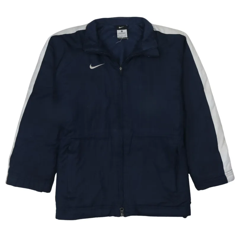 Nike Navy Blue Windbreaker Jacket Women's Medium White Stripe Sleeves Embroidered Swoosh Outerwear sold by Vintage Club