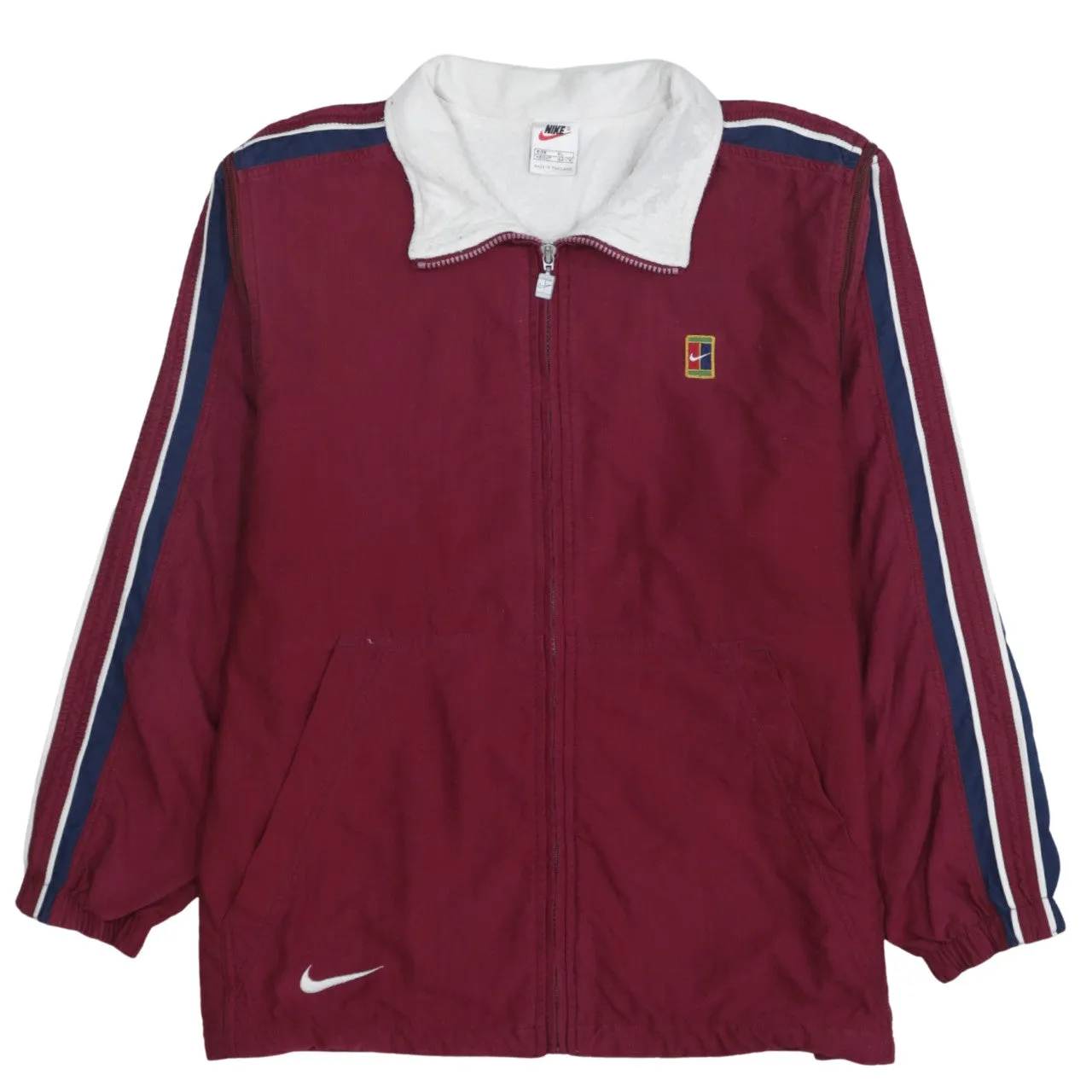 Nike Burgundy Red Windbreaker Jacket Women’s XLarge Zip Pockets Stripe Sleeves Embroidered Logo Outerwear sold by Vintage Club