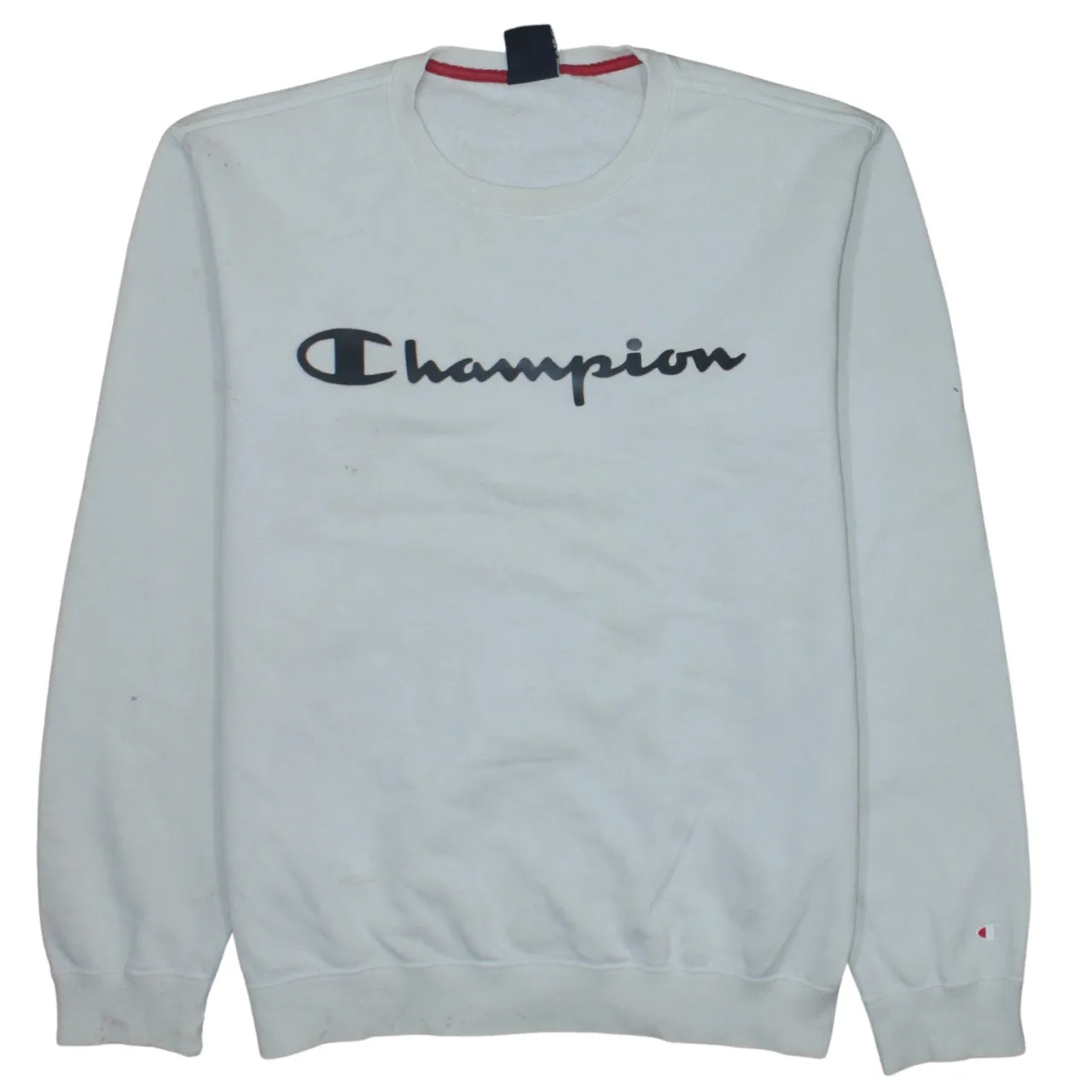 Champion White Sweatshirt Men's Medium Printed Script Logo Ribbed Cuffs Crewneck Pullover sold by Vintage Club