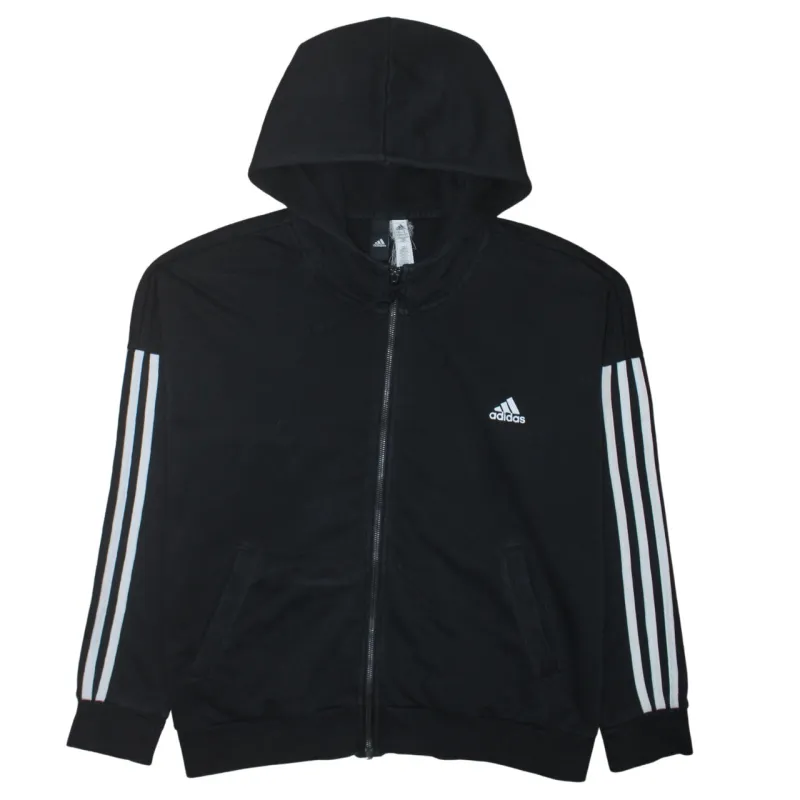 Adidas Black Full Zip Hoodie Women’s XLarge Three Stripe Sleeves Printed Logo Sweatshirt sold by Vintage Club